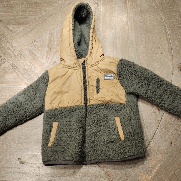 Eddie Bauer Faux Shearling Kids Hooded Jacket With Pockets- Olive Green/Tan - Picture 2 of 5